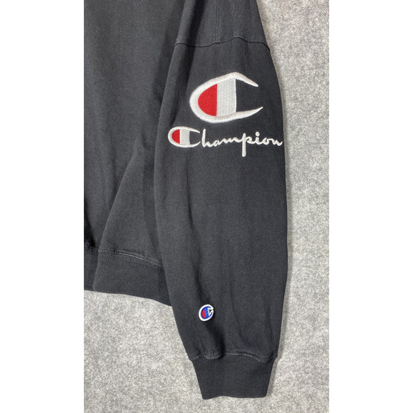 Champion Hoodie Womens Small Black Cropped Big Logo Sleeve Embroidered Oversized - Picture 9 of 14
